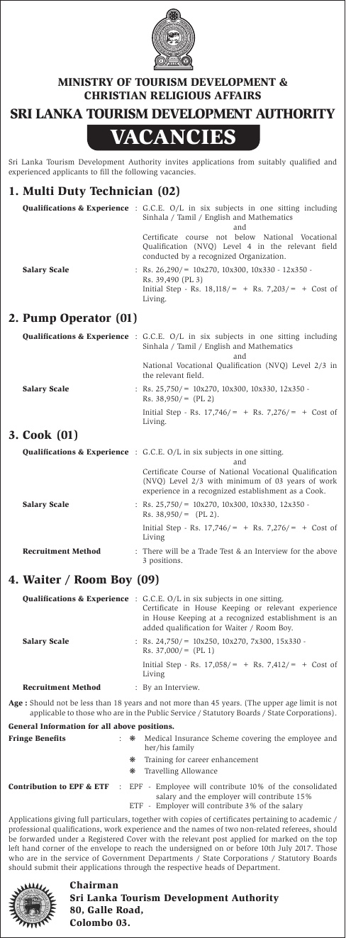 Multi Duty Technician, Pump Operator, Cook, Waiter / Room Boy - Sri Lanka Tourism Development Authority